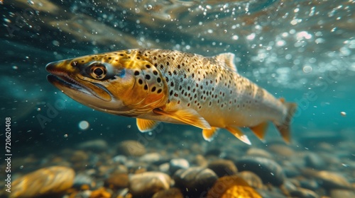  a close up of a fish on a body of water with rocks in the foreground and bubbles of water on the bottom of the bottom of the image and bottom of the photo.
