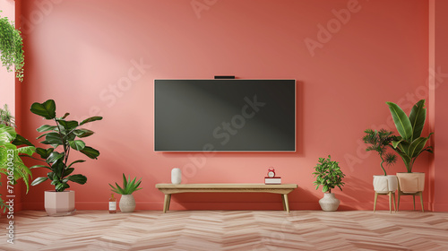 Pastel color peach fuzz wall mounted TV. Interrior design mockup template. photo