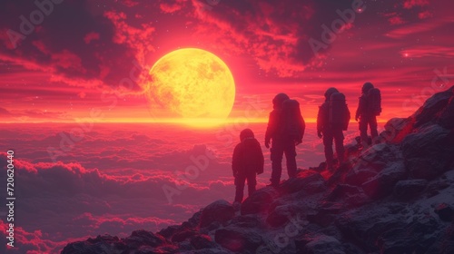  a group of people standing on top of a mountain under a red and yellow sky with a full moon in the middle of the sky and a group of people standing on top of the mountain.