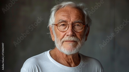  an older man with glasses and a white beard wearing a white t - shirt and standing in front of a dark background with a gray wall in the foreground.