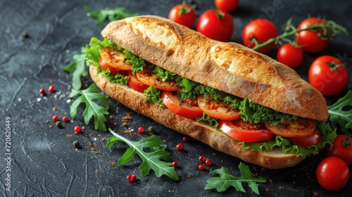  a sub sandwich with tomatoes, lettuce, and tomatoes on a black surface with a sprig of lettuce and cherry tomatoes on the side. photo