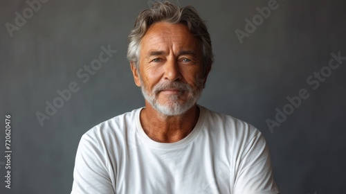  a man with a white beard and a white t - shirt is looking at the camera with a serious look on his face as he stands in front of a gray background.