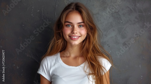  a close up of a person wearing a white t - shirt and smiling at the camera with a gray wall behind her and a concrete wall in the background behind her.