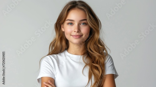  a close up of a person with long hair wearing a white shirt and posing for a picture with her arms crossed in front of her chest and a white background.