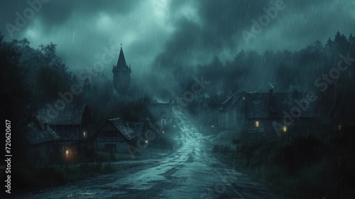  a dark street in a village with a church in the distance and a dark sky in the background with rain pouring down on the houses and a dark road leading to the right.