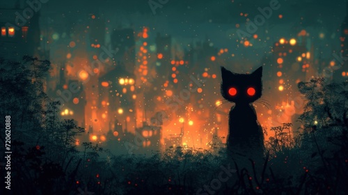  a black cat with red eyes standing in front of a city at night with red lights on it's eyes and a blurry cityscape in the background.