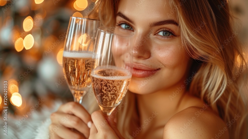 a woman holding a glass of champagne in front of a christmas tree with lights on the wall and a garland of lights in the corner of the room behind her. a woman holding a glass of champagne in front of a christmas tree with lights on the wall and a garland of lights in the corner of the room behind her.