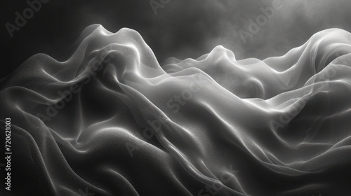 a black and white photo of a wave of white fabric blowing in the wind with a dark sky in the back ground and a few clouds in the back ground.