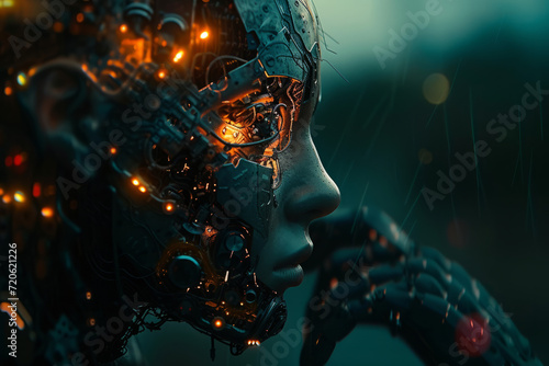 Humanoid Cyborg with Orange Glowing Features - Futuristic Desolation