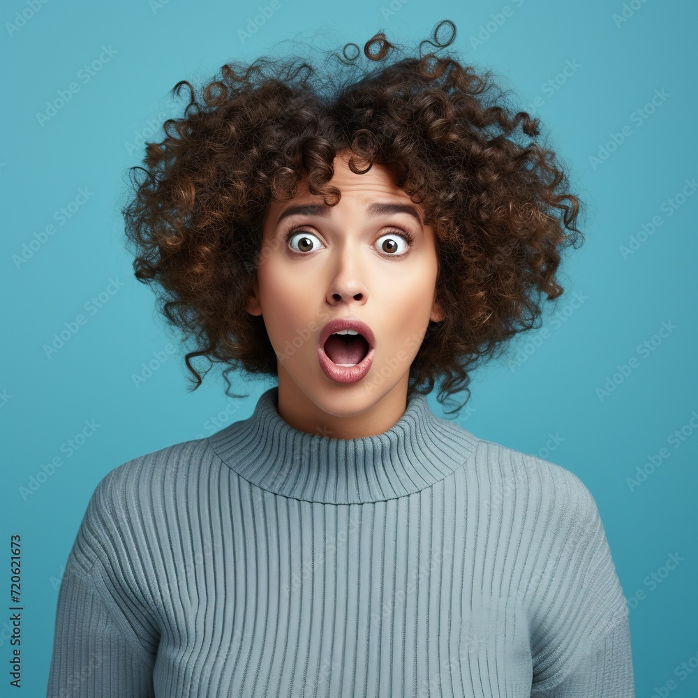 Surprised woman with afro hairstyle looking at camera. Portrait on blue background. AI. Surprised woman with afro hairstyle looking at camera. Portrait on blue background. AI.
