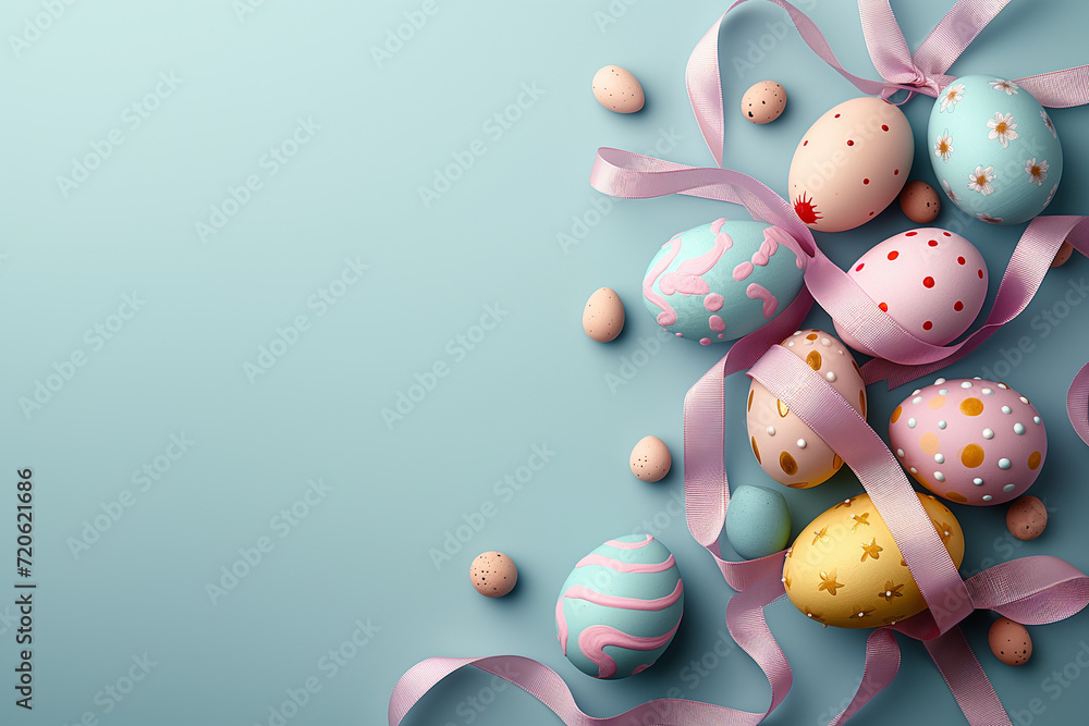Easter Delight: Exquisite Eggs with Satin Ribbons on a Serene Blue Backdrop