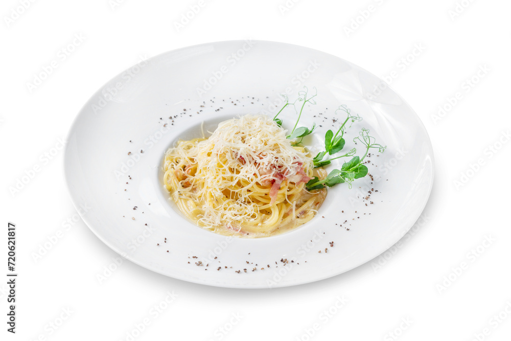 Traditional Italian carbonara pasta. Isolated. Traditional Italian carbonara pasta. Isolated.