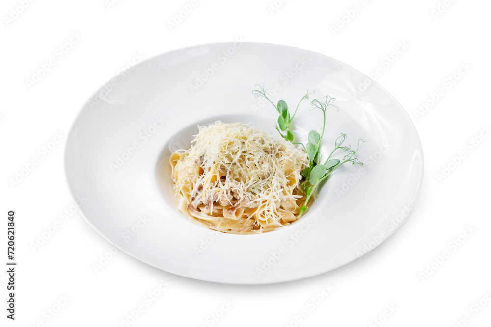 Traditional Italian fettuccine pasta with mushrooms. Isolated.