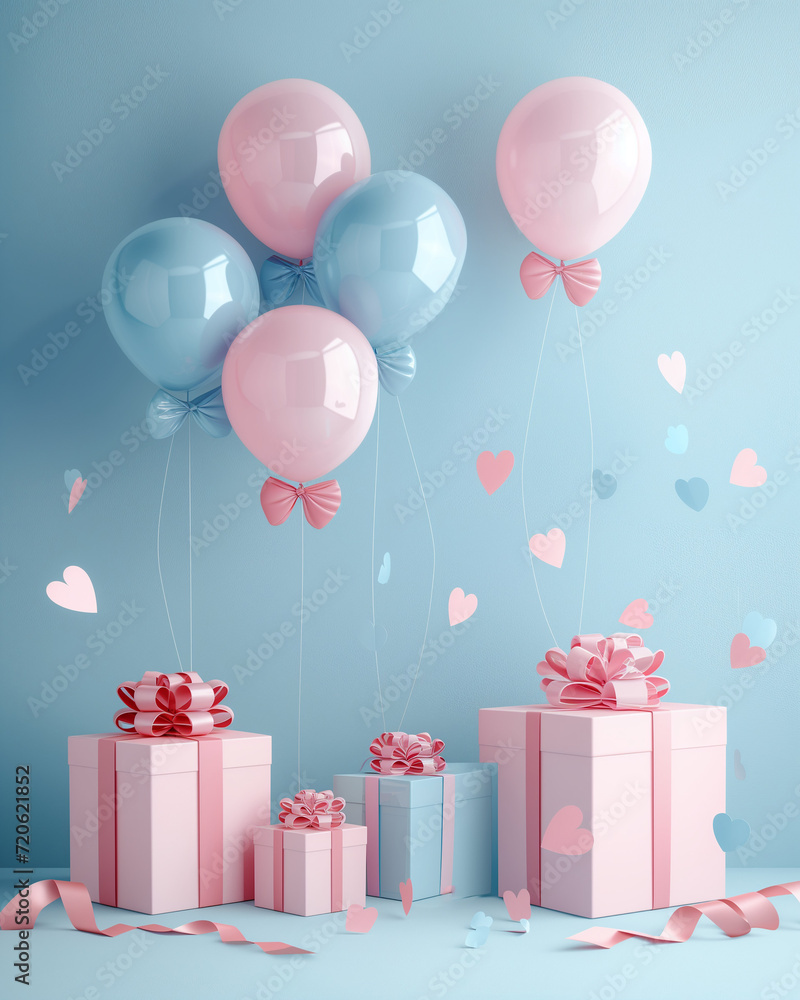 Delightful Gender Reveal Celebration: Balloons and Gifts in Pink and Blue for the Perfect Baby Shower Invitation