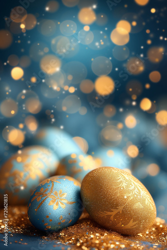 Golden Splendor: Easter Eggs Adorned with Glittering Patterns on a Dreamy Bokeh Background