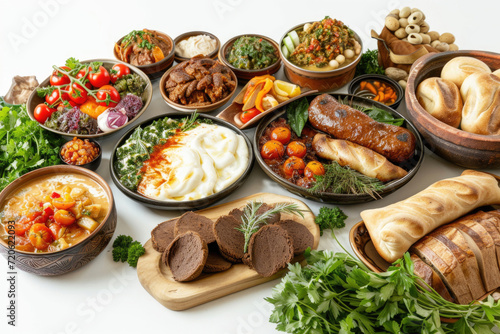 An array of Georgian dishes  each carefully presented and isolated on a clean white backdrop