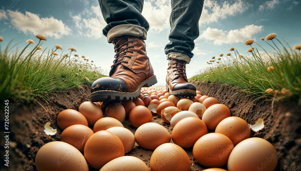 Walking on eggshells. Person carefully treading on path lined with fragile eggs, symbolizing the idiom "walking on eggshells," under a clear blue sky. - obrazy, fototapety, plakaty 