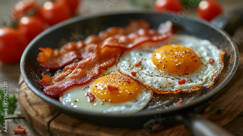 Scrambled eggs with bacon and spices in a pan 