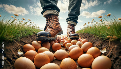 Walking on eggshells. Person carefully treading on path lined with fragile eggs, symbolizing the idiom 