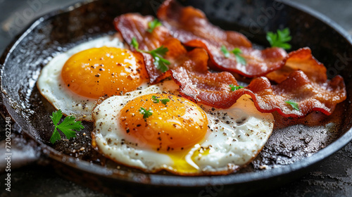 Scrambled eggs with bacon and spices in a pan 