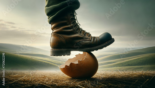 Walking on eggshells. Close-up of boot stepping on eggshell. © unicusx