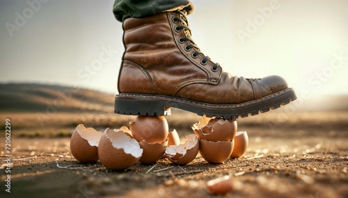 Walking on eggshells. Close-up of boot stepping on eggs, with broken shells scattered around, depicting the concept of "walking on eggshells".
