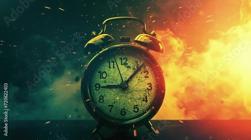 The alarm clock symbol on the background of an explosion. The time before the explosion. Poster design in the style of a popular science film. Creative concept of illustrating time and danger