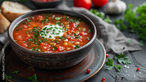 Ukrainian borscht with sour cream and herbs