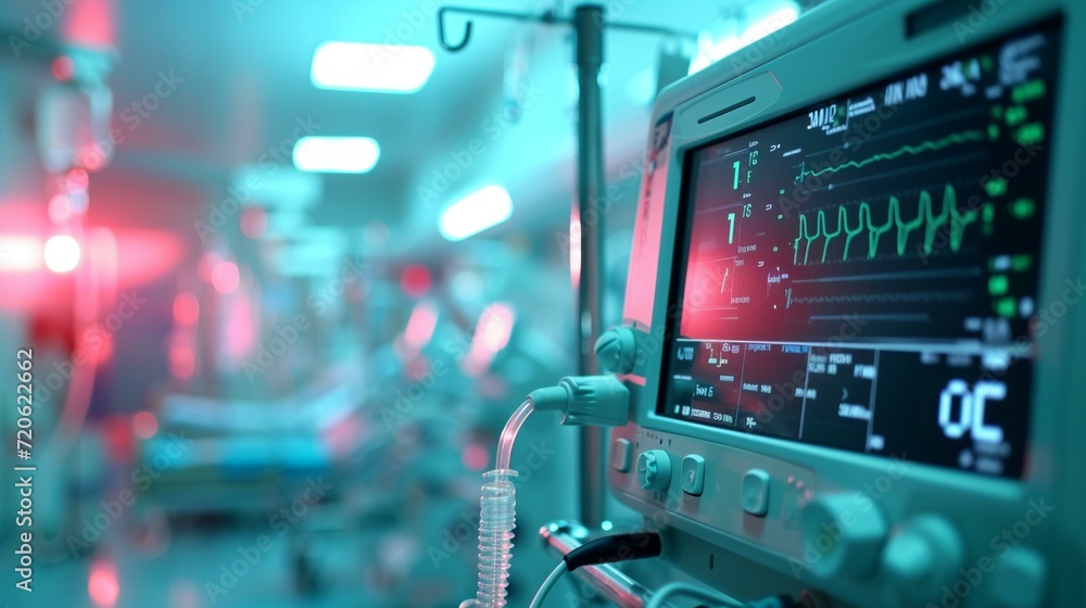 Highlight the dynamic nature of emergency equipment, such as defibrillators and monitors, in a state of constant readiness for immediate use. "[hospital emergency department in dyn - obrazy, fototapety, plakaty 