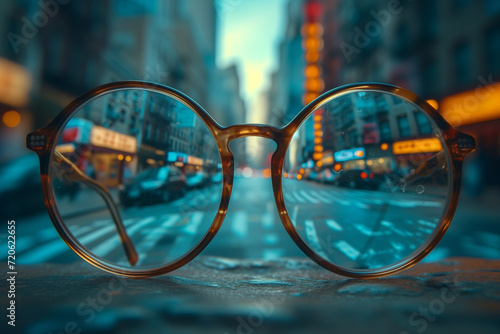 view of a city street through glasses lying on the road
