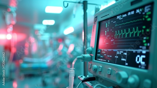 Highlight the dynamic nature of emergency equipment, such as defibrillators and monitors, in a state of constant readiness for immediate use. "[hospital emergency department in dyn