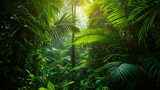 A tropical rainforest with vibrant flora and a rich canopy overhead.