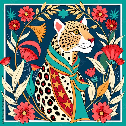Artistic Reflection of the Wild Spirit: Leopard Print Scarf Adorned with Baroque Florals