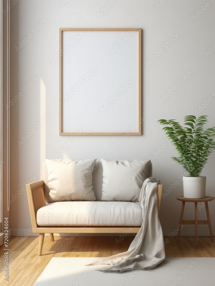 Mock up frame in cozy home interior background, coastal style bedroom, A close-up view of a white canvas encased, interiors Mock up frame in cozy home interior background, coastal style bedroom, A close-up view of a white canvas encased, interiors