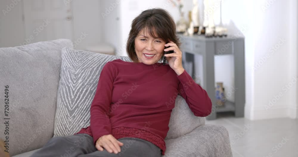 Happy attractive woman pretty face enjoying talking on mobile cell phone smiling laughing relaxing sitting on comfortable home sofa. 