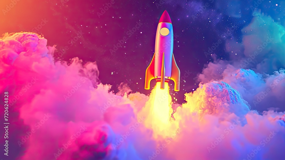 Rocket launching in an abstract pink environment with clouds and smoke with space for copy