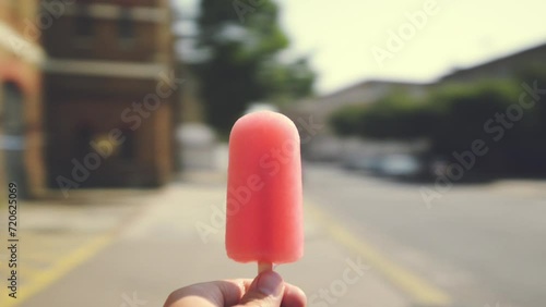 Spinning, popsicle or hand of person in city eating strawberry flavor dessert for travel pov in street. Outdoor, urban or closeup of a yummy frozen snack or sweet treat on pavement or road in motion photo