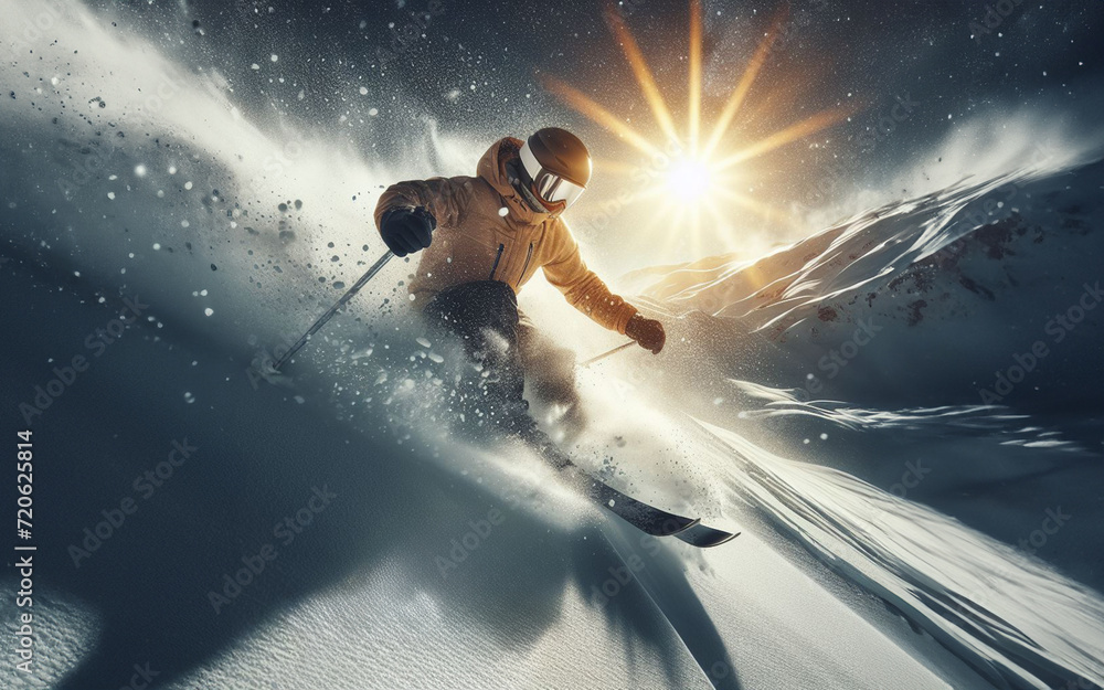 snow ski athlete On a high mountain covered with snow