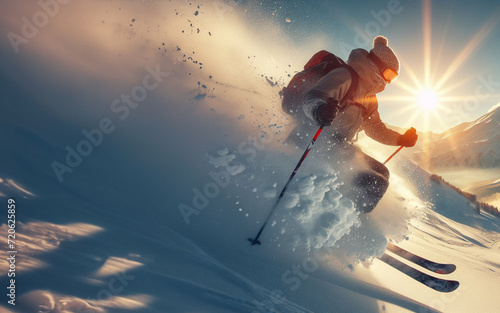 snow ski athlete On a high mountain covered with snow