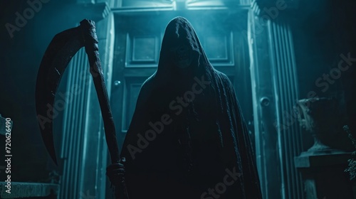A man in a black cloak with a hood and a large scythe knocks on the door at night photo