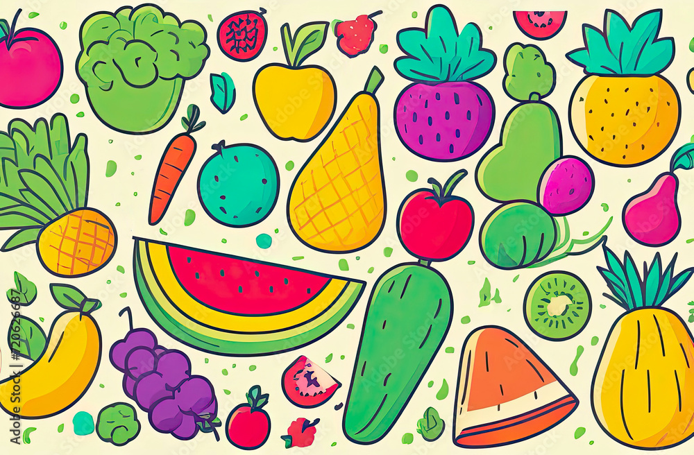 Fruits, vegetables, healthy diet concept, exotic colors combinations, illustration in simple 1980s retro style, ready-made design for table clothe, placemat and other basics kitchen staff