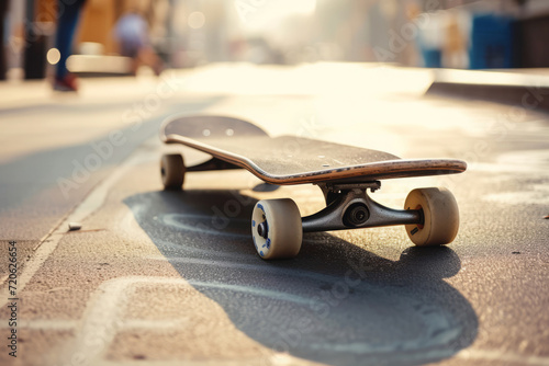 Skateboard on road at city street, Leisure activity and extreme sport concept