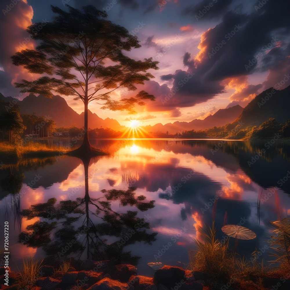 Photograph a sunset over a tranquil lakeside with reflection on the water.