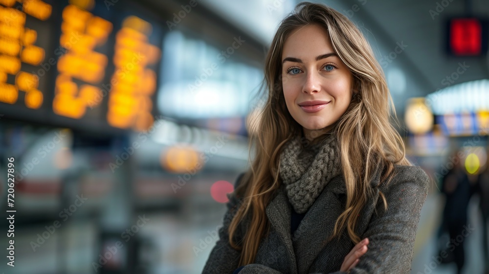 A Content Businesswoman Poses Confidently in Front of a Train Station Information Board A Content Businesswoman Poses Confidently in Front of a Train Station Information Board