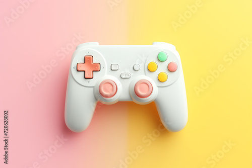 white Video game controller on a pastel peach fuzz background.