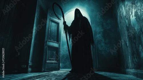 A man in a black cloak with a hood and a large scythe knocks on the door at night