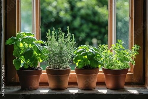 Fresh green herbs  basil  rosemary and coriander in pots placed on a window frame. 