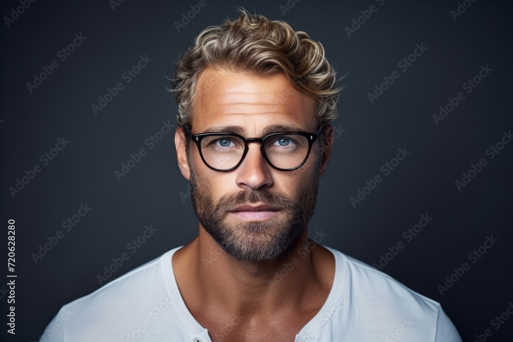 portrait of an adult charismatic man with glasses in a beautiful frame. optics, vision correction and eye imperfections. modern eyeglasses for vision.