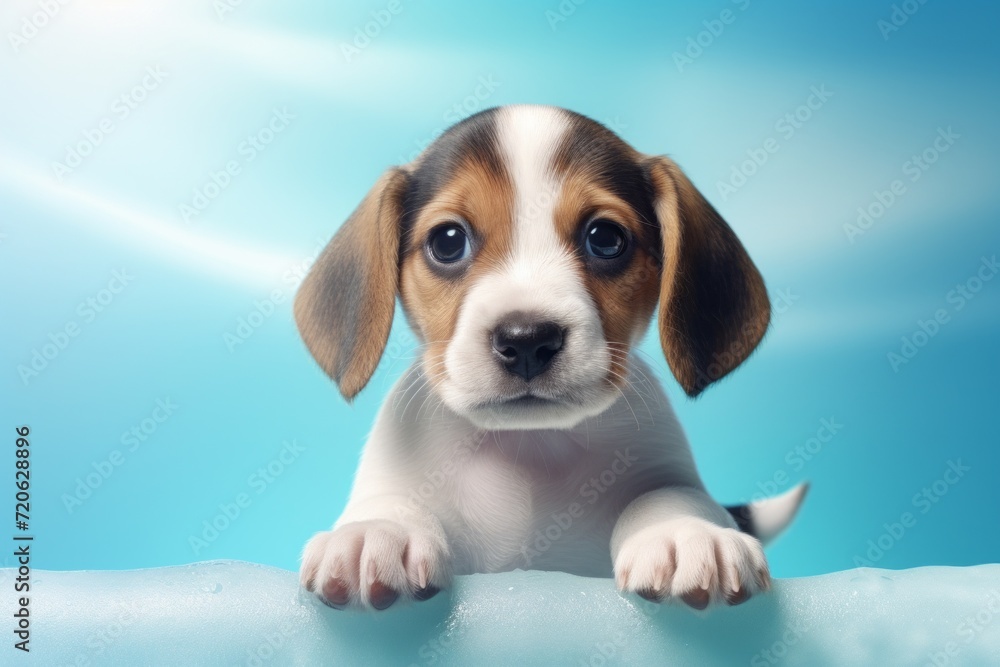 Beagle puppy close-up. a cub, a dog breed, a pet. blue background.