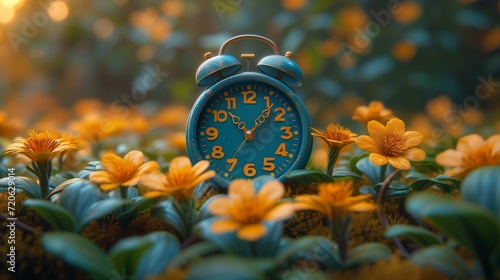 there is an alarm clock in flowers. Generative AI #720629014
